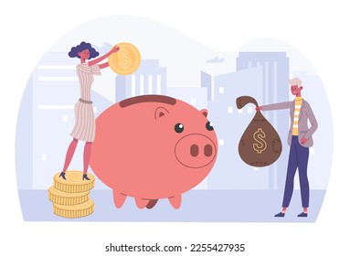 People money save, success financial investment concept. Cartoon woman putting coins into piggy bank. Man depositing sack of dollars. Personal financial management, budget growth vector