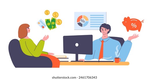 People money save, success financial investment concept. Woman client coming to bank, opening savings account. Employee advising scheme for money depositing. Earnings management vector