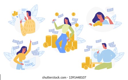 People and Money Set Isolated on White Background. Happy Male and Female Characters Earning, Collecting Coins and Bills. Wealth, Richness, Fortune. People Getting Cash Cartoon Flat Vector Illustration