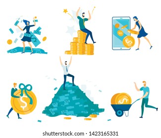 People And Money Set Isolated On White Background. Happy Man And Woman Characters Earning, Collecting Coins And Bills. Wealth, Richness, Fortune. People Getting Cash Cartoon Flat Vector Illustration