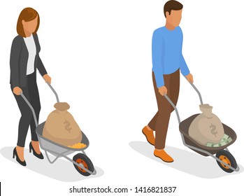People money vector wealth businessman woman person character holding bag with coins cash currency illustration banking set of business financial investment treasure isolated on white background