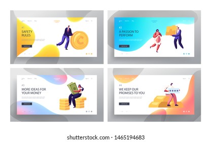 People and Money Website Landing Page Set, Tiny Men and Women Characters Holding Huge Golden Coins, Bills, Password, Investment and Safety Concept Web Page. Cartoon Flat Vector Illustration, Banner