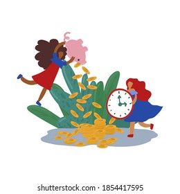 People with money. Women collect money together. A girl with a watch in her hands. A treasure was found in the jungle circle. Drawn vector image in the style of doodles. Vector illustration
