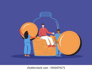 People with money. Young male and female characters sitting and standing with huge coins. Savings or bank deposit. Vector color line art illustration.