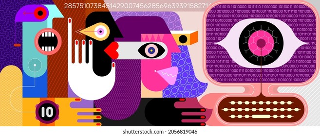 People Monitored By Social Networks. Three People Are Looking At A Computer Screen, A Large Digital Eye Is Watching Them From The Screen. Modern Art Vector Illustration.