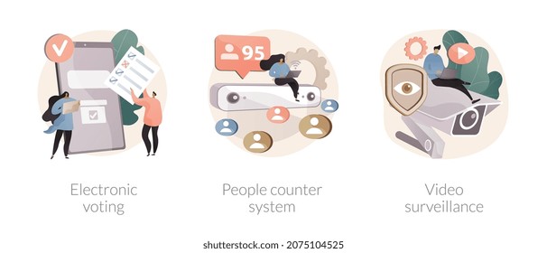 People Monitoring And Analytics Abstract Concept Vector Illustration Set. Electronic Voting, People Counter System, Video Surveillance, Internet Ballot, Retail Traffic Report Abstract Metaphor.