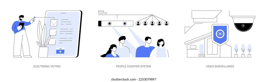 People monitoring and analytics abstract concept vector illustration set. Electronic voting, people counter system, video surveillance, internet ballot, retail traffic report abstract metaphor.