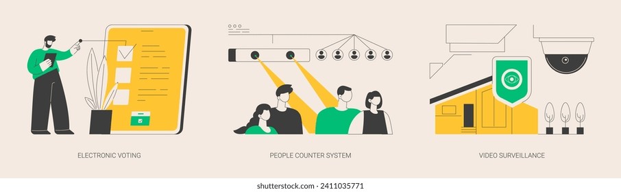 People monitoring and analytics abstract concept vector illustration set. Electronic voting, people counter system, video surveillance, internet ballot, retail traffic report abstract metaphor.