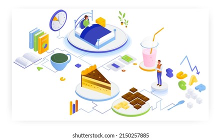 People monitoring sugar intake, reading before bedtime, vector isometric illustration. Daily night routine. Health care.