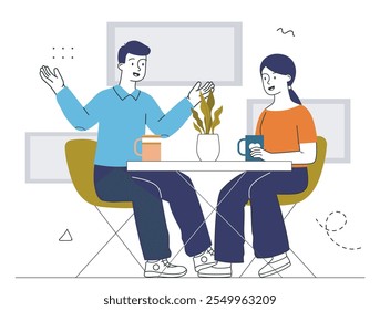 Personas con café de la mañana. Hombre y mujer sentados a la mesa con tazas de bebidas calientes. Pareja en cafetería o restaurante. Cita romántica. Ilustración vectorial lineal aislada sobre fondo blanco