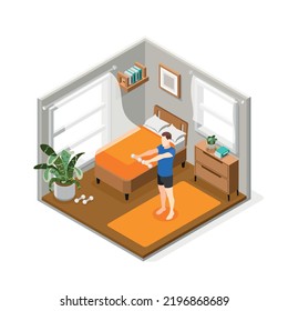 People morning routine isometric composition with man doing exercises in his room vector illustration