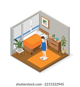 Composición isométrica matutina de la gente con peso femenino en su propia ilustración vectorial de la habitación