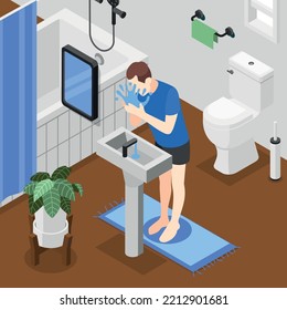 People morning routine isometric concept with man washing his face in bathroom vector illustration