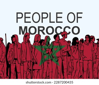 People of Morocco with flag, silhouette of many people, banner of diversity or protest in Morocco, group of person, society and audience concept, gathering idea