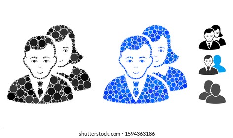 People mosaic of filled circles in variable sizes and color hues, based on people icon. Vector filled circles are united into blue mosaic. Dotted people icon in usual and blue versions.