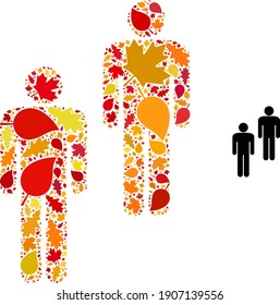 Menschen Mosaiksymbol für Herbst geschaffen. Aus verstreuten Herbstmapel- und Eichenblättern entsteht Mosaik der Vektormenschen. Mosaike Herbstblätter in hellen Gold-, Braun- und Rottönen.
