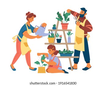 People mother father and girl planting flowers at home isolated flat cartoon characters. Vector wife watering plants, husband cutting leaves by cutters, daughter fertilize plant, hobby leisure time