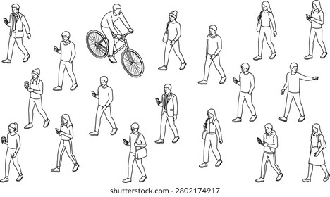 People in motion, engaged with technology. Isometric perspective crowd. Transparent background illustrations. Mobile phone users, walking and socializing. Urban lifestyle depiction. Diverse individuals in a city setting. Modern communication and daily life.