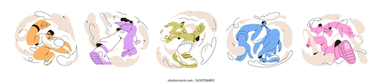 People in motion, set. Energetic young characters in active dynamic poses, action, movement. Energy, freedom, vitality and enthusiasm concept. Flat vector illustration isolated on white background