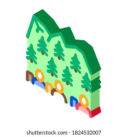 personas en el vector de iconos del bosque de montaña. gente isométrica en señal de bosque de montaña. ilustración de símbolo aislado de color