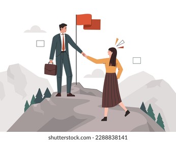 People at mountain top concept. Successful employees, achievement and motivation, leadership. Man holds out his hand to woman. Collaboration and cooperation. Cartoon flat vector illustration