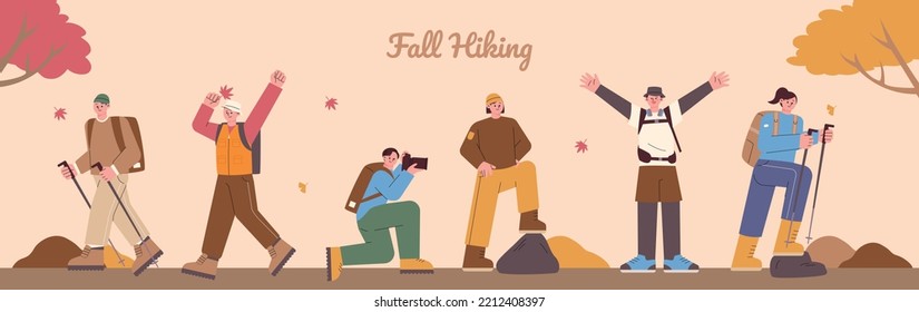 People in mountaineering clothes are enjoying autumn climbing. Hiking trail background. flat vector illustration.