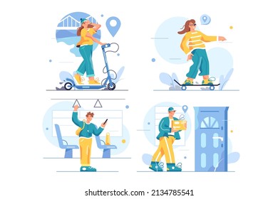 People move by different types of transport, reach endpoint vector illustration. Scooter, bus, skateboard, by feet. Mobility, travel concept