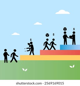 People move up levels representing customer acquisition stages—awareness, consideration, and decision—highlighting a strategic path to convert prospects into customers.