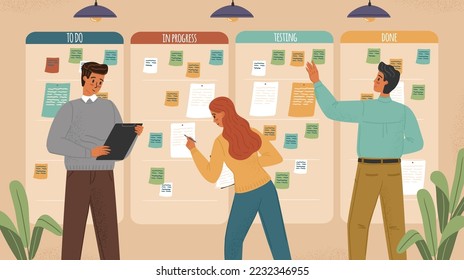 People move sticky notes on kanban board. Agile project development concept vector illustration. Business team work with agile methodology. Daily tasks in progress on kanban board