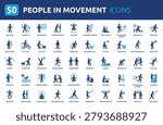 People in movement icon set. Containing walking, running, jumping, dancing and more. Solid vector icon collection.