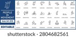 People in movement icon set. Containing walking, running, jumping, dancing, lying down, waking up, standing and more. line vector icon collection. 
