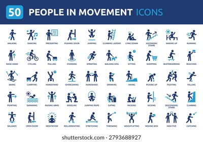 People in movement icon set. Containing walking, running, jumping, dancing and more. Solid vector icon collection.
