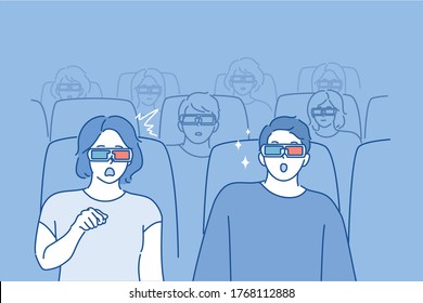 People, movie concept Young couple in love man woman boyfriend girlfriend characters sitting in cinema or theater watching eating popcorn and soda with 3d glasses. Recreation entertainment at weekend.