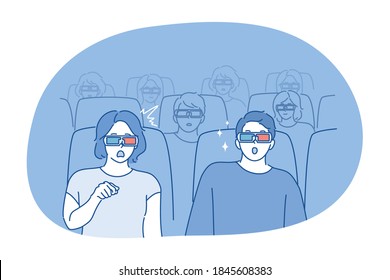 People, movie concept. Young couple man woman boyfriend girlfriend sitting in cinema or theater watching perfomance together with popcorn soda and 3d glasses. Recreation entertainment at weekend.