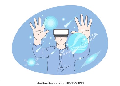 People, movie, parallel reality, visual effects in glasses concept. Young man in 3d glasses touching reality and watching visual effects in cinema or during performance. Recreation entertainment 