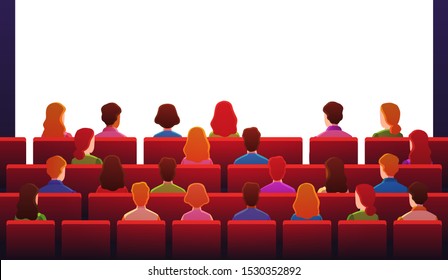 People in movie theater. Guys watch sitting on red chairs in front of white screen in movie hall. Human crowd watching entertainment and cinema vector background