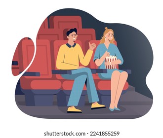 People at movie theater. Man and woman with popcorn sit on red armchair and look at screen. Poster or banner for site. Rest after work and study, young couple on date. Cartoon flat vector illustration svg