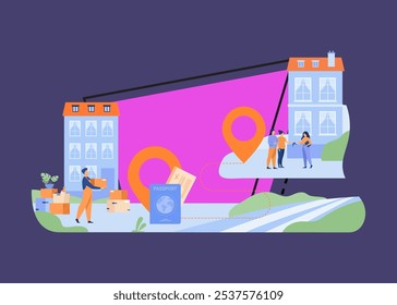 People moving to another country vector illustration. Man carrying boxes from one house to another, couple buying new apartment. Map pins with passport and tickets. Relocation, travel concept