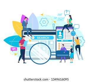 People Moving Around of Huge Computer Monitor and Smartphone Isolated on White Background. Search Window on Screen. Businessman Holding Magnifier, Climbing Man. App. Cartoon Flat Vector Illustration