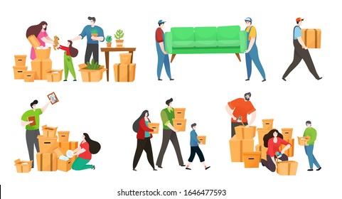 People moving boxes and furniture to new house, happy family packing belongings, vector illustration. Parents and children packing boxes, isolated cartoon characters. People relocating, family moving