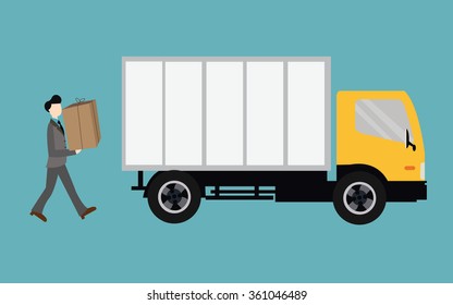 people moving bring box into truck container