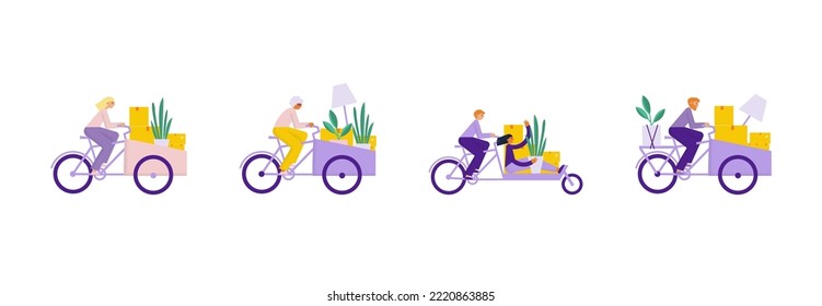 People moving by cargo bikes set. Men and women on bicycles carry different cargo, home stuff, things. Change home or office. Flat vector illustration