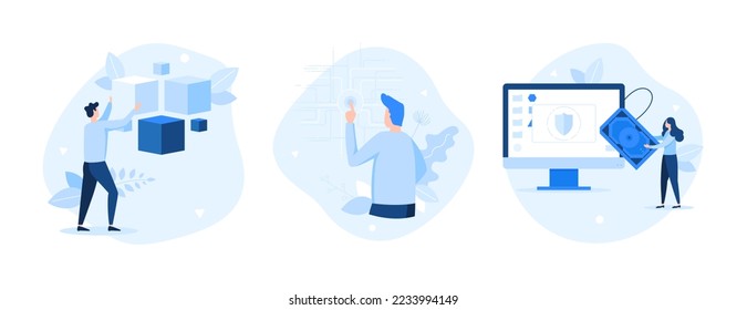 People moving cubic objects in space, using digital touchscreen, connecting hard drive to computer. Concept of virtual or augmented reality, innovative technology. Bundle of flat vector illustrations.