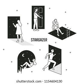 People moving to the door of another dimension. Black and white monotone outline style character. flat design style vector graphic illustration set