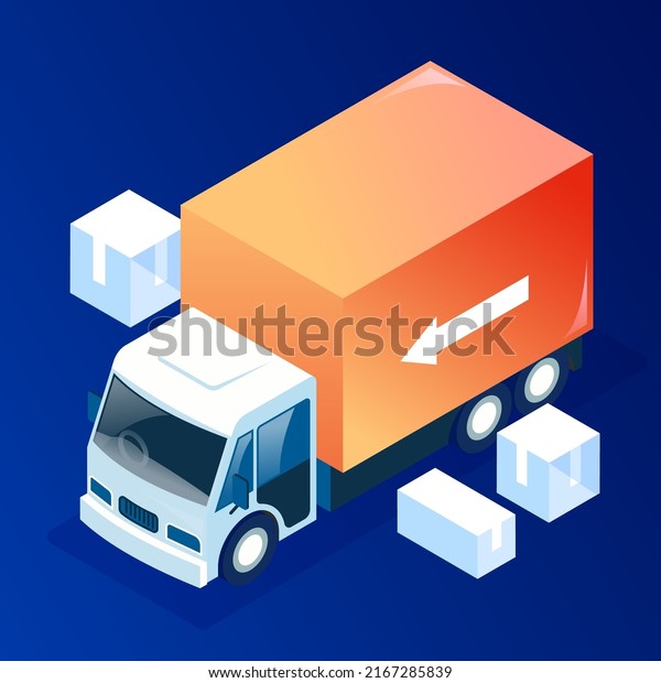 People are moving goods,\
cars are leaving with cargo, transportation, vector isometric\
illustration