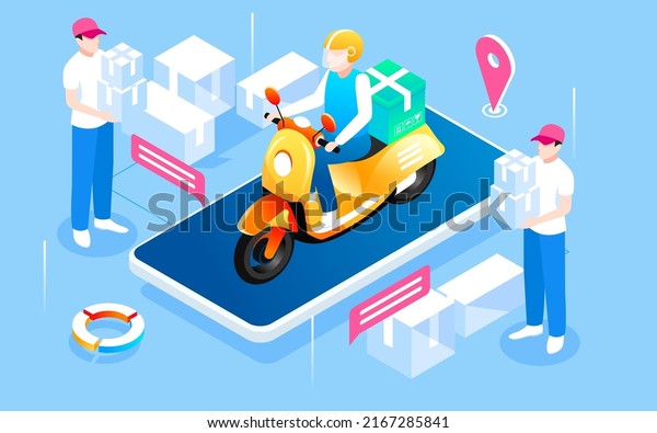 People are moving goods,\
cars are leaving with cargo, transportation, vector isometric\
illustration