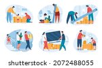 People moving into new house, family unpacking boxes. Characters carrying things, packing furniture for moving, home relocation vector set. Interior full of cardboard cartons with household stuff