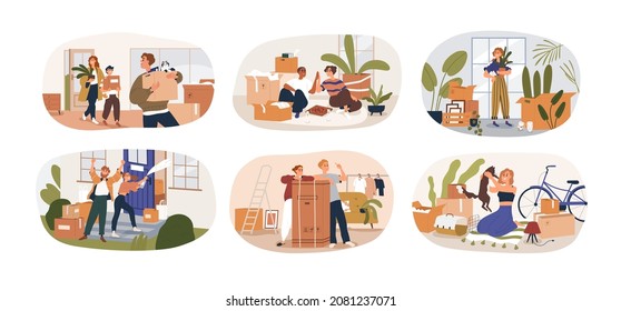 People moving into new house set. Happy men and women with cardboard boxes with stuff during relocation into apartment. Characters with cartons. Flat vector illustration isolated on white background