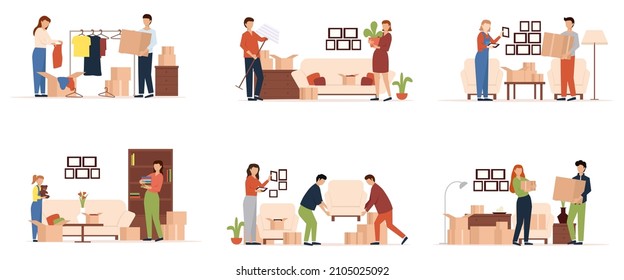 People moving into new house set. Families preparing transporting in new apartment, sorting boxes, movers carry furniture, items packing, transportation service, relocating concept.