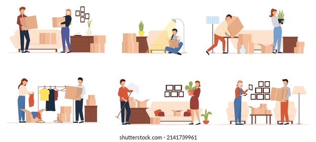 People moving into a new house with things. Set of people moving or leaving their homes and offices. Family couples pack belongings and relocating to new apartments.